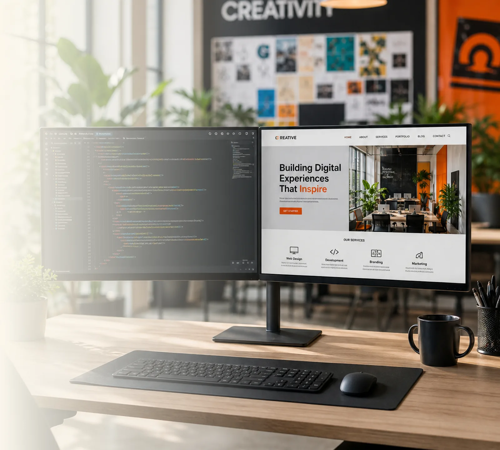 A dual-monitor workspace showing code and a website in progress